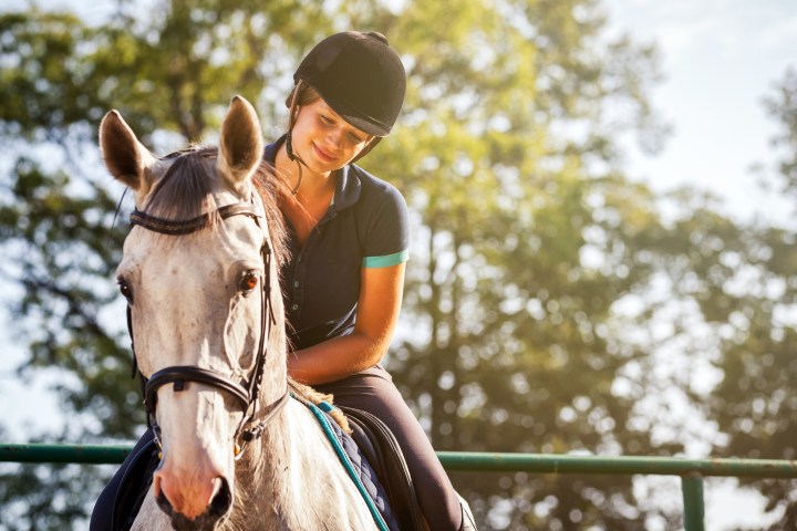 a person riding on the back of a brown horse