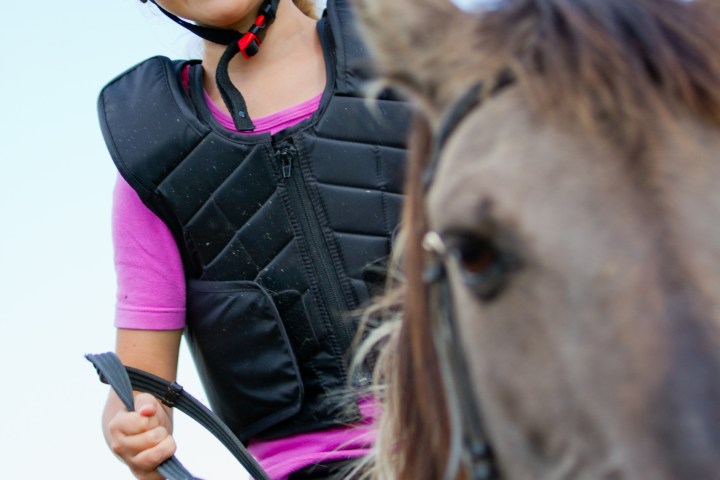 a little girl riding on the back of a horse
