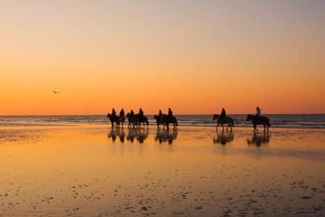 a sunset over a beach next to the water