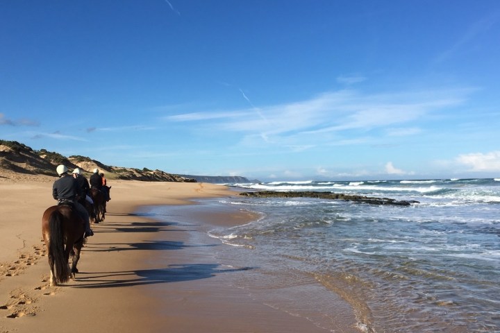 a person riding a horse on a beach